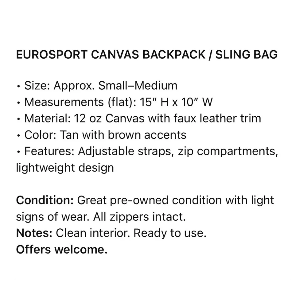 Eurosport Canvas‎ Sling Backpack Tan Brown Faux Leather Zip Vintage Travel